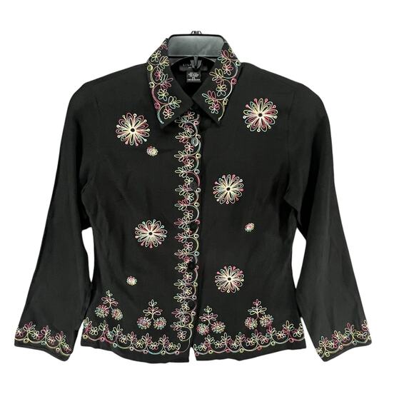 SilkLand Tops - Silkland Y2K Shirt Women S Petite Black Silk Embroider Floral Button Up Boho Art